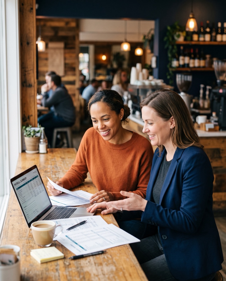 A small-business owner reviewing payroll with a consultant